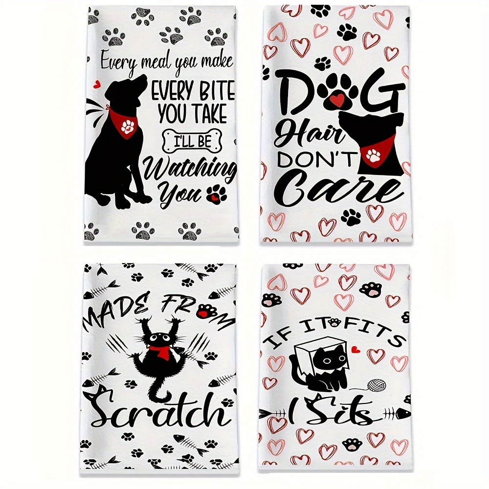 Home Textiles Towel Set - ผ้าเช็ดครัวรูปสัตว์น่ารัก 2 แพ็ค | ลายพิมพ์สุนัขและแมวสีดำ |