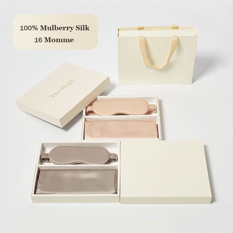 Home Textiles Towel Set - ชุดของขวัญหน้ากากปิดตาและผ้าคลุมหมอนทำจากผ้าไหมมัลเบอร์รี่ 100% พร้อมกล่องของขวัญ ชุดผ้าไหมสำหรับเดินทาง ปิดกั้นแสง บำรุงผิวและเส้นผม