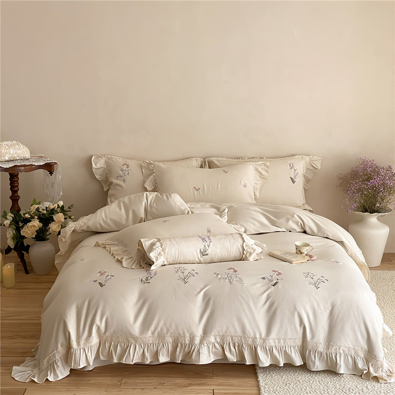Home Textiles Towel Set - ชุดเครื่องนอนผ้าฝ้ายผสมลินินปักลายดอกไม้หรูหรา พร้อมปลอกผ้านวม ผ้าปูที่นอน/ผ้าปูรัดมุม และปลอกหมอน 4 ชิ้น