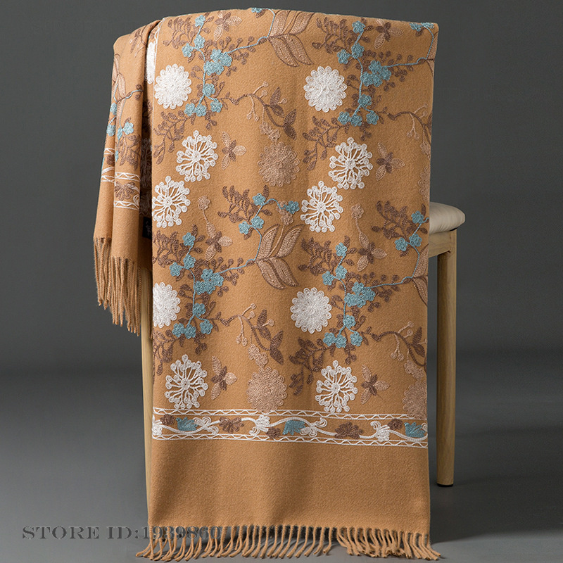 Home Textiles Blanket - ผ้าพันคอแคชเมียร์พัชมีนาสำหรับผู้หญิง ผ้าคลุมไหล่ปักลายดอกไม้ ผ้าคลุมยาว ผ้าห่ม ผ้าพันคอหนา อุ่น