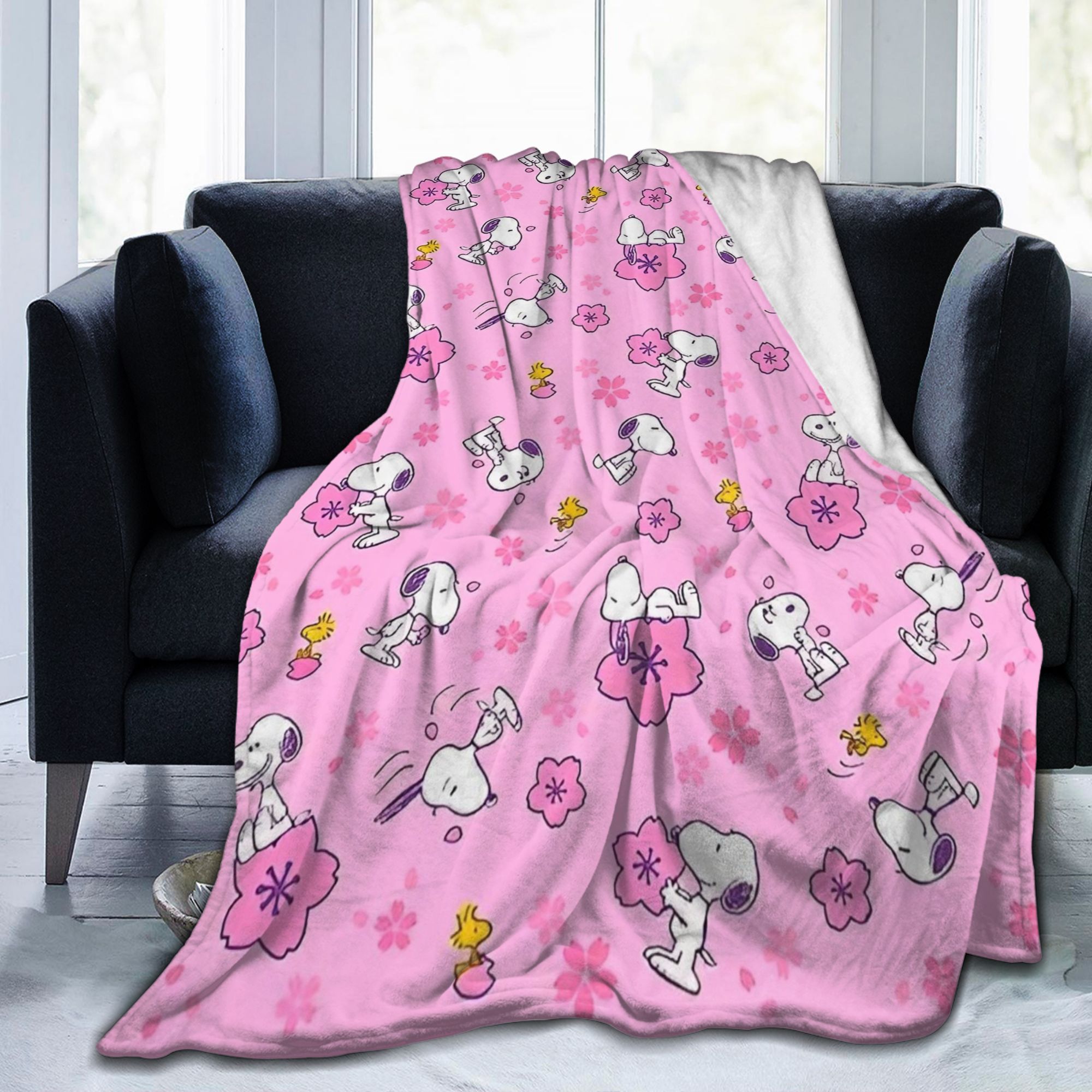 Home Textiles Blanket - ผ้าห่มถักลายพิงค์สนูปปี้ วู้ดสต็อก ผ้าห่มขนแกะลายการ์ตูน ผ้าห่มสำหรับฤดูร้อน ใช้กับเครื่องปรับอากาศ พกพาสะดวก