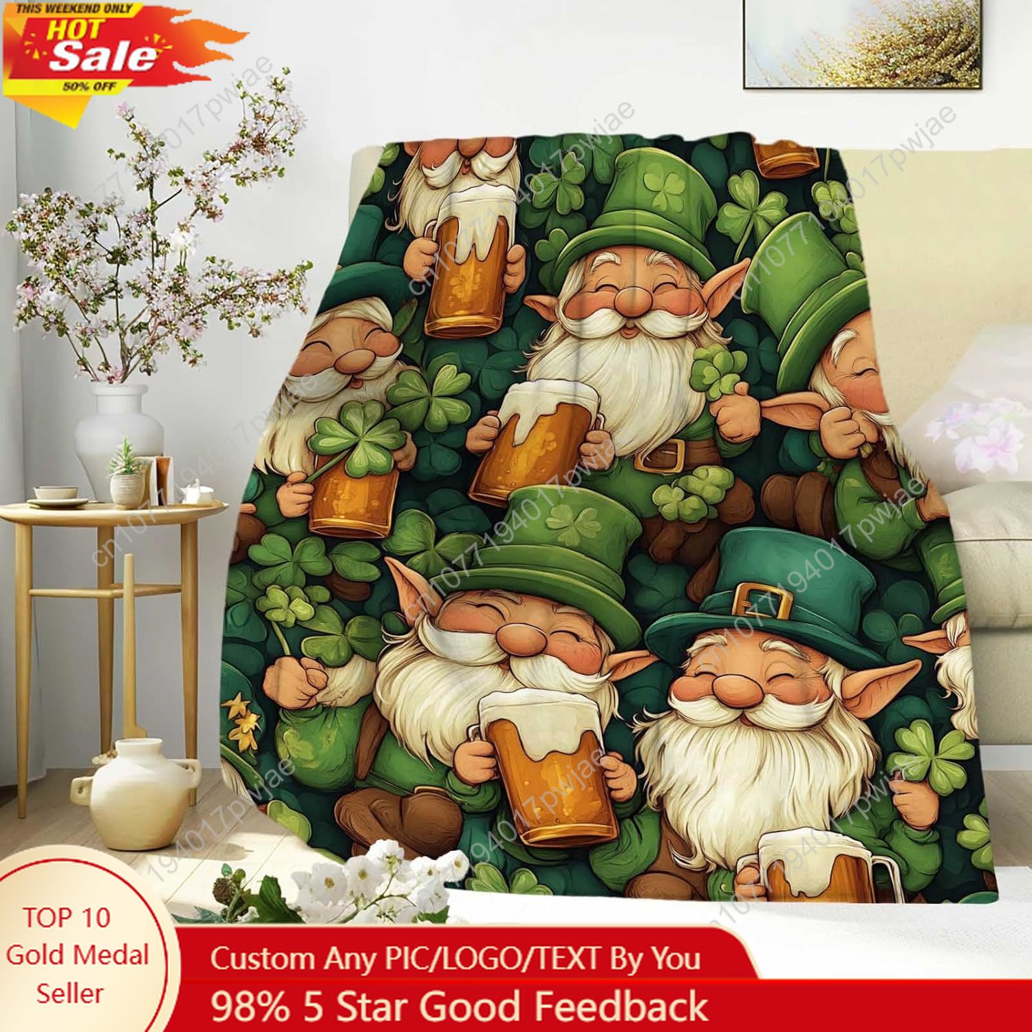Home Textiles Towel - ผ้าห่มลายกู๊ดแมนวันเซนต์แพทริก พร้อมแก้วเบียร์และลายใบโคลเวอร์ ผ้าห่มสีเขียวแสนสบายสำหรับทุกเพศทุกวัย เหมาะสำหรับวันเซนต์แพทริก ผ้าห่มสั่งทำพิเศษ