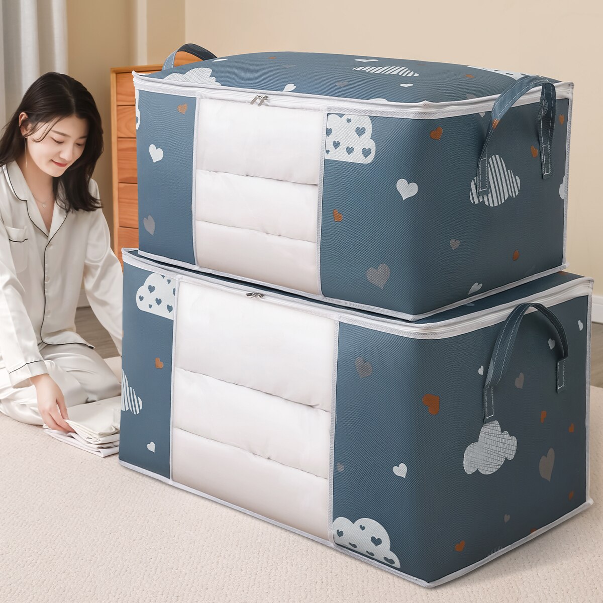 Home Textiles Blanket - กระเป๋าจัดเก็บเสื้อผ้าความจุขนาดใหญ่พร้อมที่จับเสริมแรงเหมาะสำหรับผ้าห่มพับได้มีซิปแข็งแรง